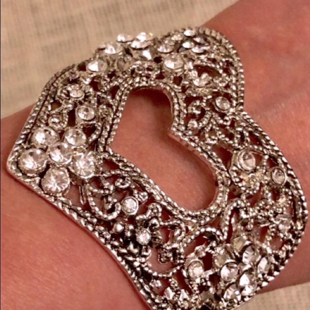 Silver Sparkle Cubic Zirconia Heart Design Bracelet - Statement Piece Jewelry - Picture 2 of 6